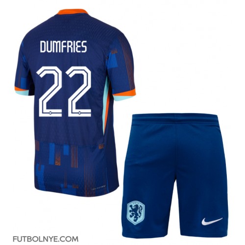 Camiseta Países Bajos Denzel Dumfries #22 Visitante Equipación para niños Eurocopa 2024 manga corta (+ pantalones cortos)